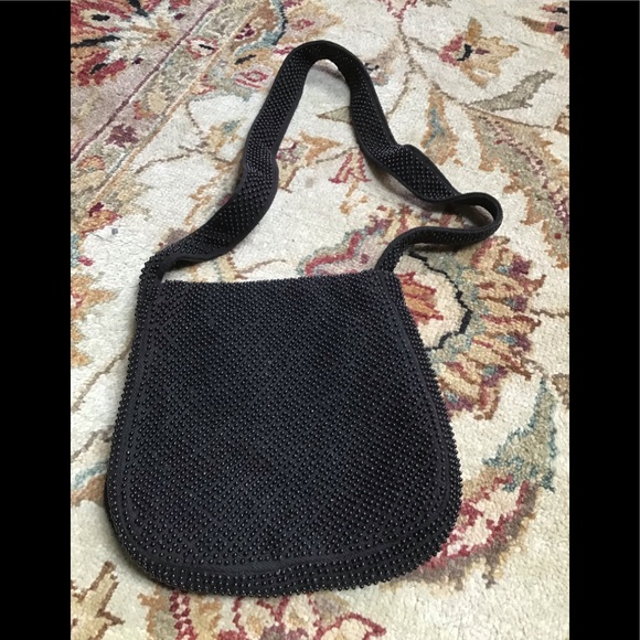 Vintage black beaded shoulder bag w/flower design - Picture 3 of 4